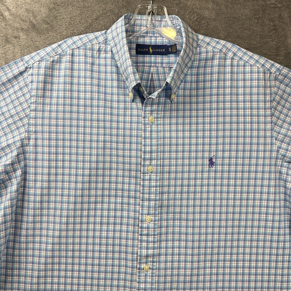 Ralph Lauren Shirt Button Down Mens XL Blue Plaid Long Sleeve Cotton Pony Logo